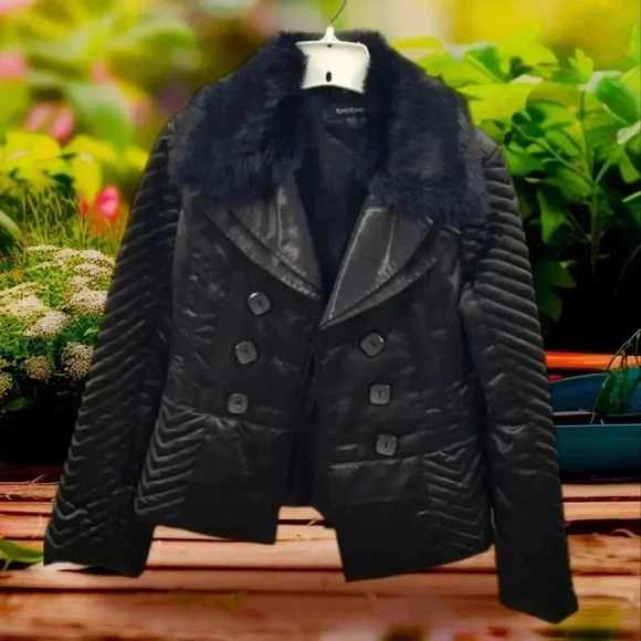 bebe Jackets & Blazers - Bebe black Satin Quilted Pea Coat with fur collar Women's Size S